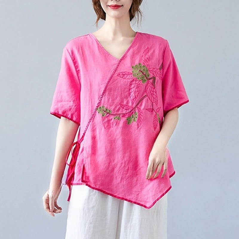 Summer Casual Ethnic Embroidery Flower Lace-up Short Sleeve V-neck Cotton Linen Women's T-Shirt