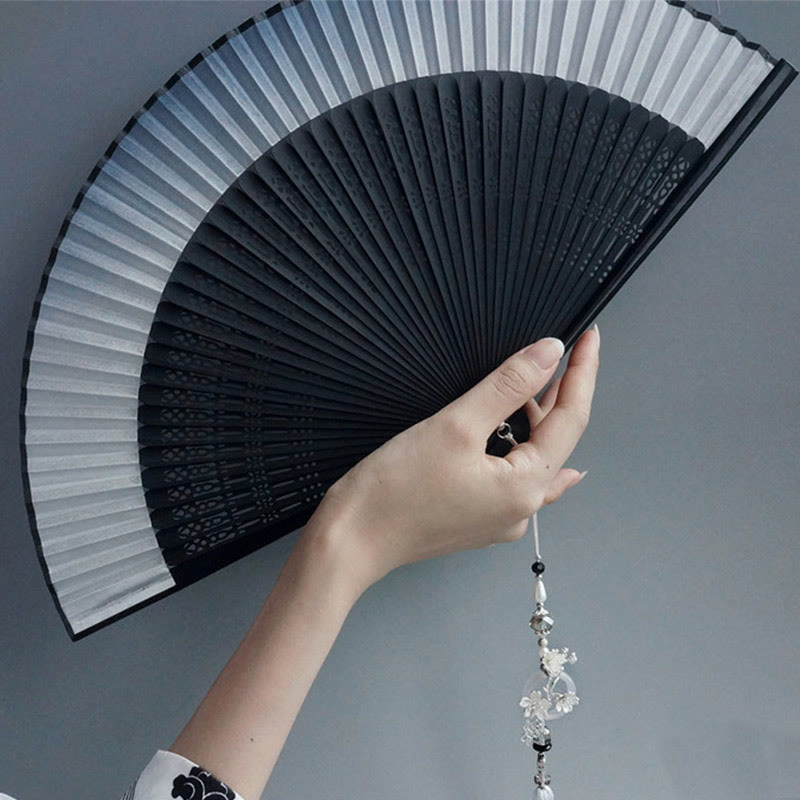 Ink Gradient Hollow Rib Plum Bossom Tassel Silk Handheld Bamboo Folding Fan