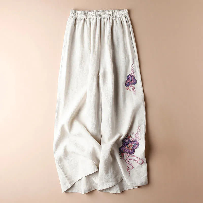 Women Casual Loose Cotton Linen Embroidery Wide Leg Pants With Pockets