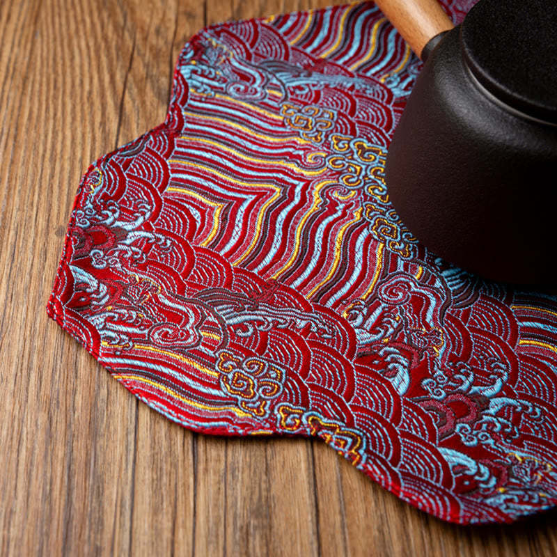 Sea Wave Bamboo Plum Blossom Brocade Embroidery Cup Mat Pad Tea Cup Coaster Kung Fu Tea Mat