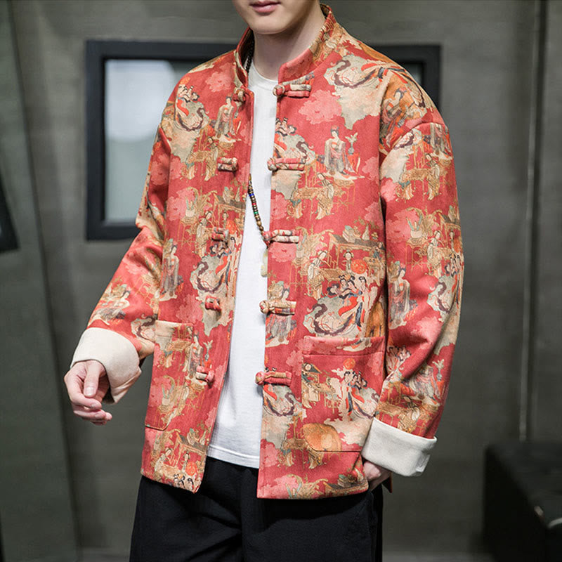 Chinese New Year Clothes Ancient Figure Painting Solid Color Cuff Frog-button Tang Suit Cotton Men's Jacket Shirt With Pockets