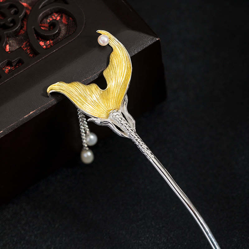 925 Sterling Silver Classical Chinese Style Fish Tail Pearl Tassel Calm Hairpin