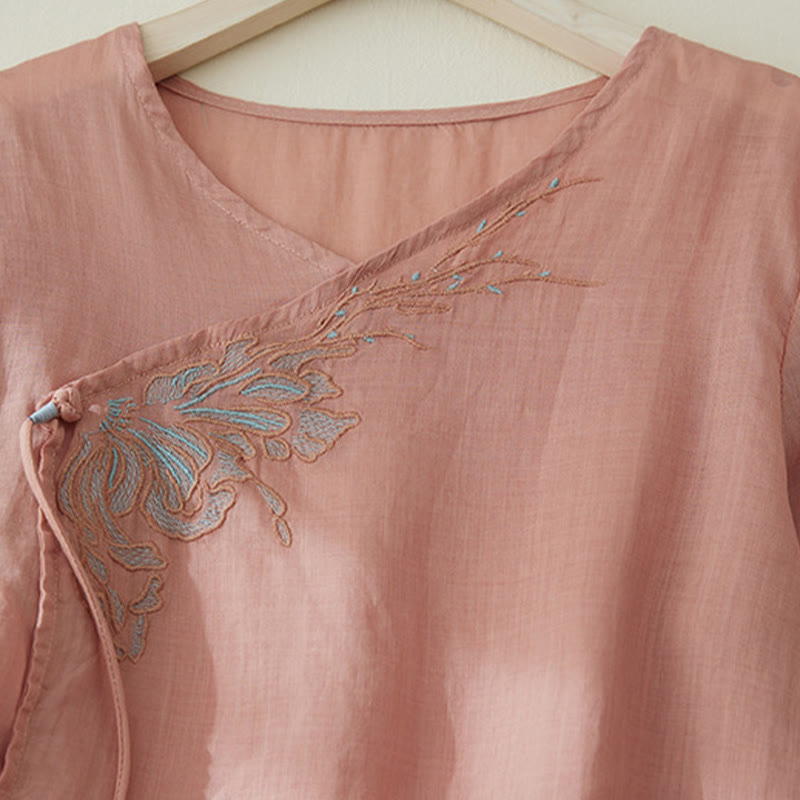 Casual Women's Embroidery Plants Design Three Quarter Sleeve Cotton Linen Shirt