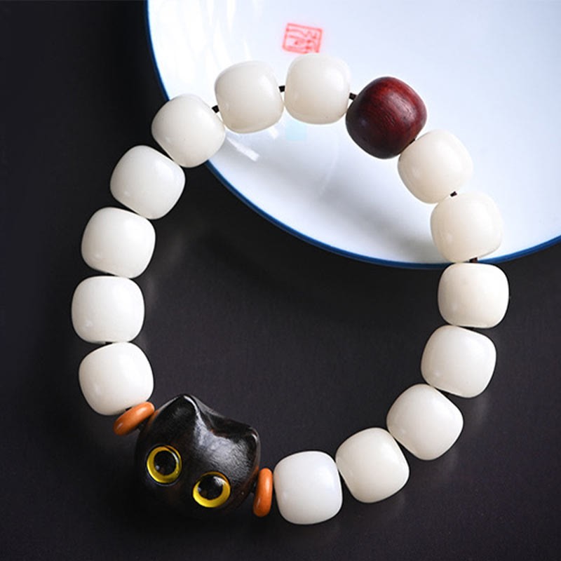Natural Bodhi Seed Small Leaf Red Sandalwood Ebony Wood Cute Lucky Cat Wisdom Bracelet