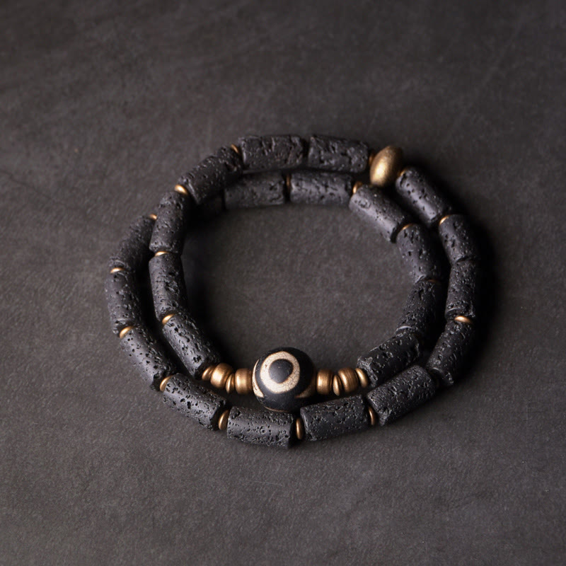 Vintage Lava Rock Three-eyed Dzi Bead Copper Brass Multi-turn Wrap Calm Bracelet