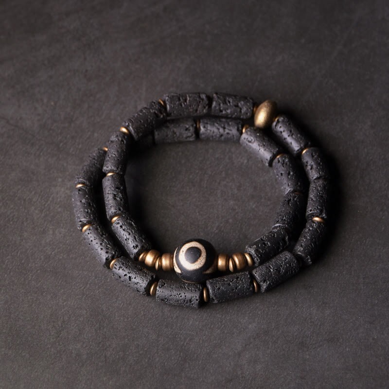 Vintage Lava Rock Three-eyed Dzi Bead Copper Brass Multi-turn Wrap Calm Bracelet