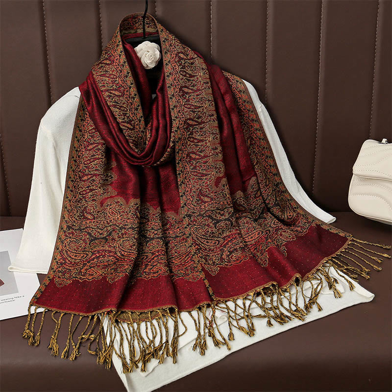 Tibetan Cashew Jacquard Colorful Flower Print Tassels Shawl Fall Winter Soft Warm Scarf Wrap
