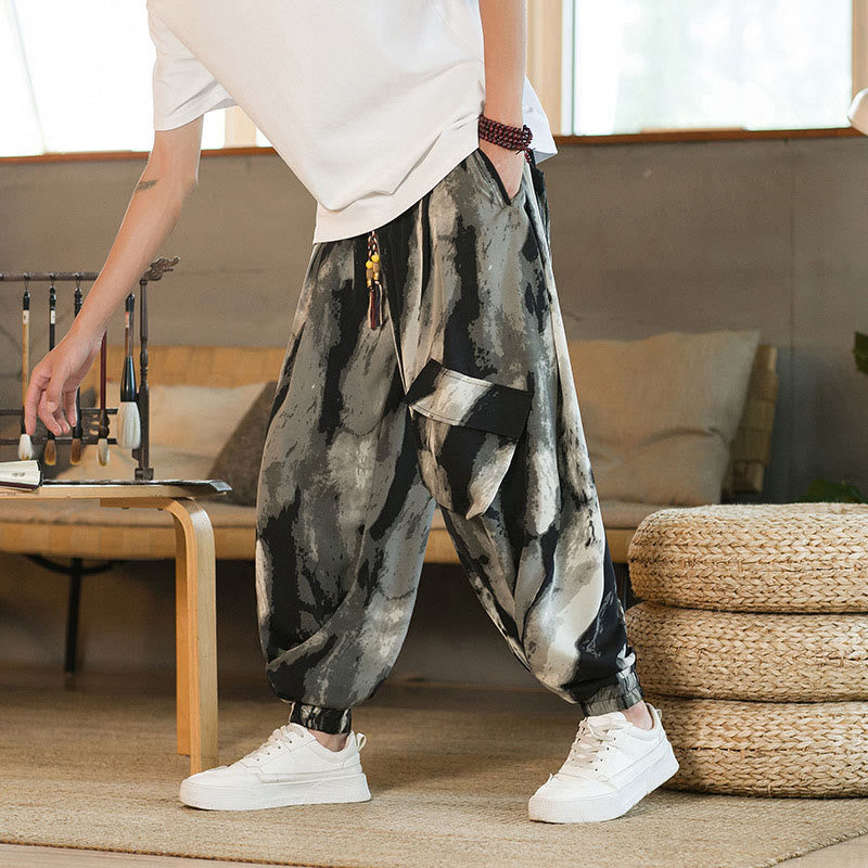 Ice Silk Drop Ink Tie-dye Gradient Stripes Casual Cotton Men's Pants With Pockets