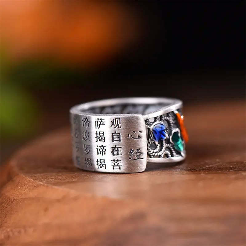Copper Blue Enamel Lotus Heart Sutra Koi Fish Luck Ring