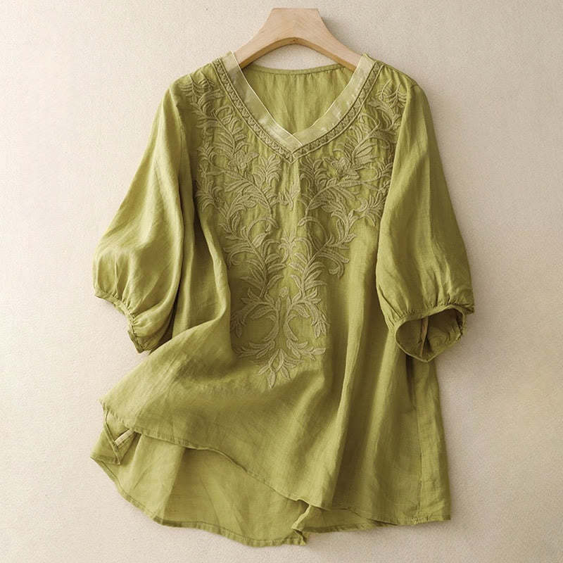 Vintage Casual Pure Leaf Embroidery V-Neck Half Sleeve Cotton Linen Women's T-Shirt