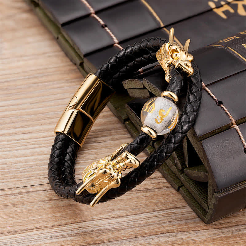 Double Dragon Head Leather Stone Titanium Steel Success Bracelet (Extra 35% Off | USE CODE: FS35)