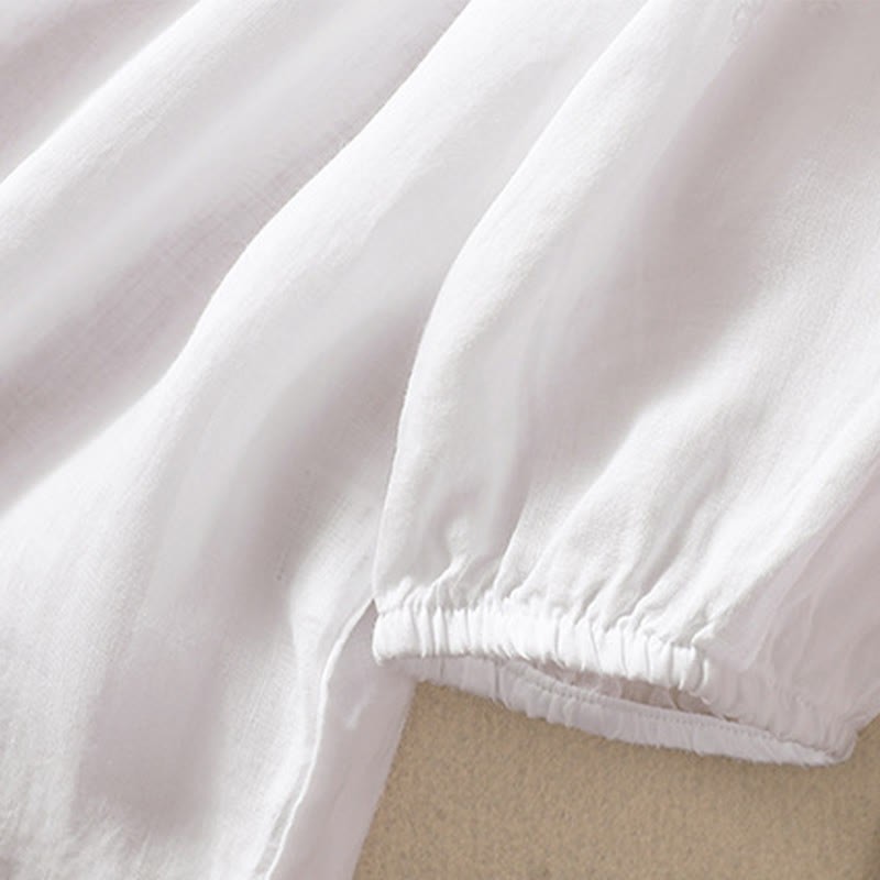 Casual Plain Button Floral Embroidered Design Puff Half Sleeve Cotton Linen Women's Shirt