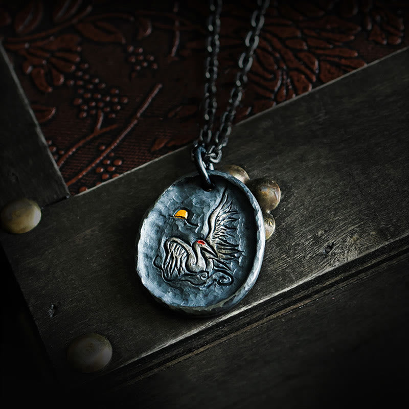 999 Sterling Silver 24k Gold Crane Auspicious Clouds Balance Necklace Pendant