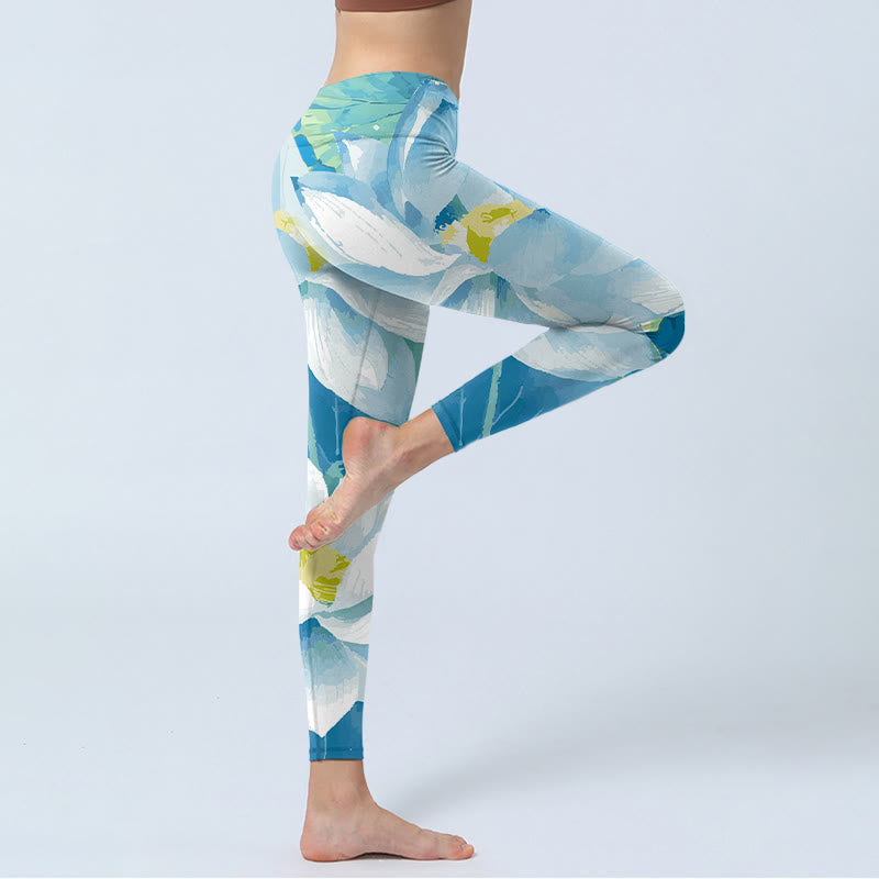 Blue White Lotus Print Gym Leggings Women's Yoga Pants