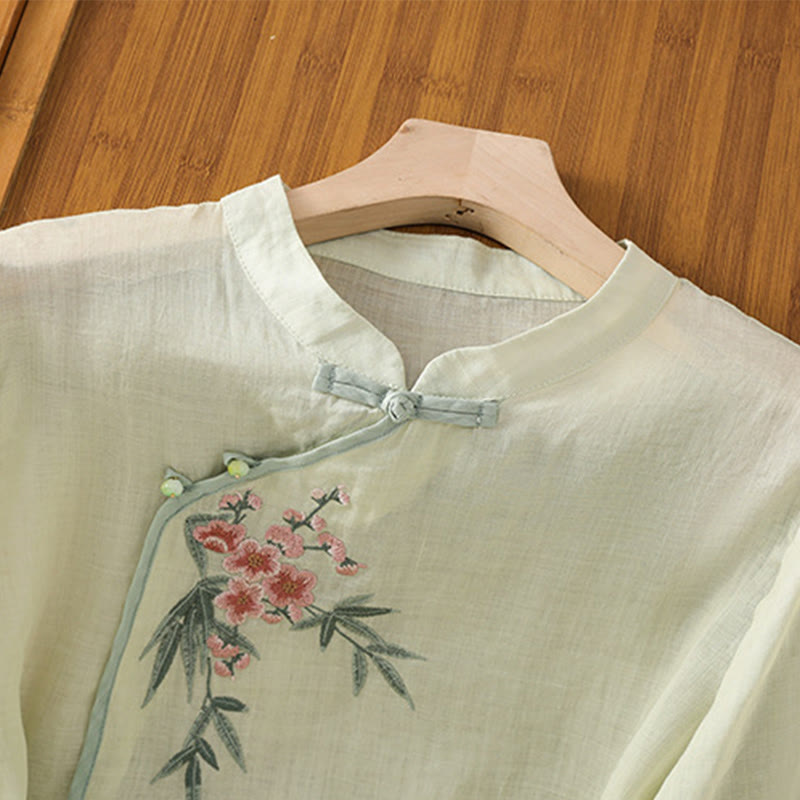 Casual Embroidered Flower Stand Collar Design Three Quarter Sleeve Women's Cotton Linen Shirt