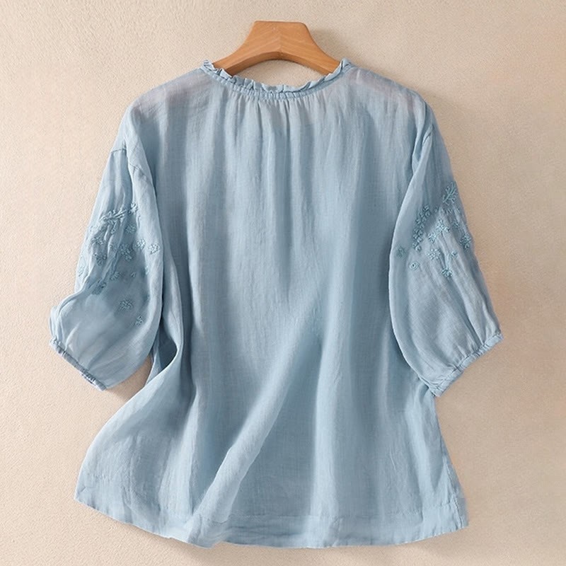 Casual Plain Button Floral Embroidered Design Puff Half Sleeve Cotton Linen Women's Shirt