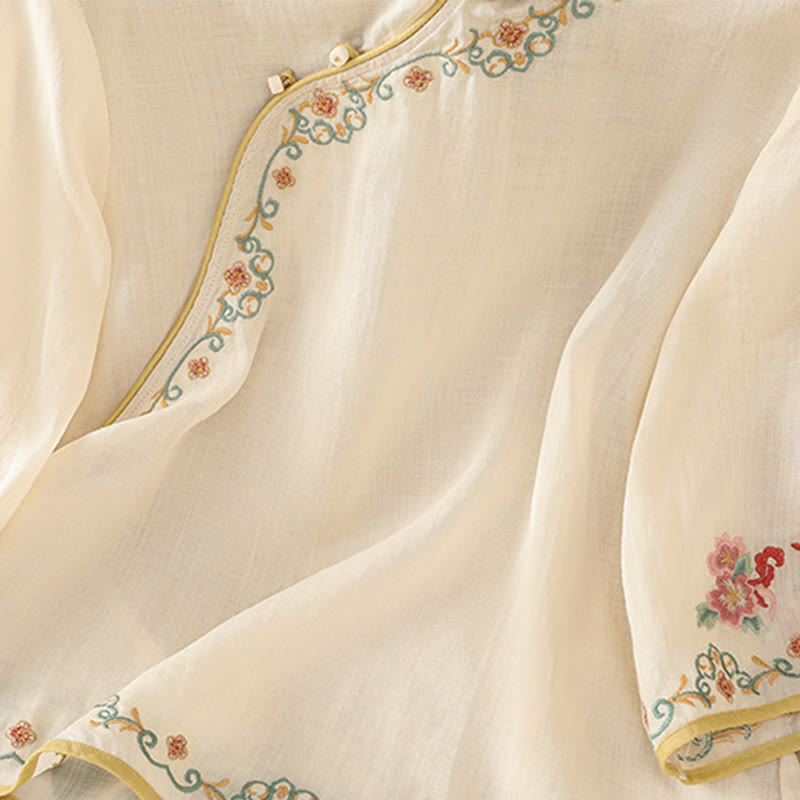 Casual Women's Embroidered Flower Stand Collar Design Three Quarter Sleeve Cotton Linen Shirt