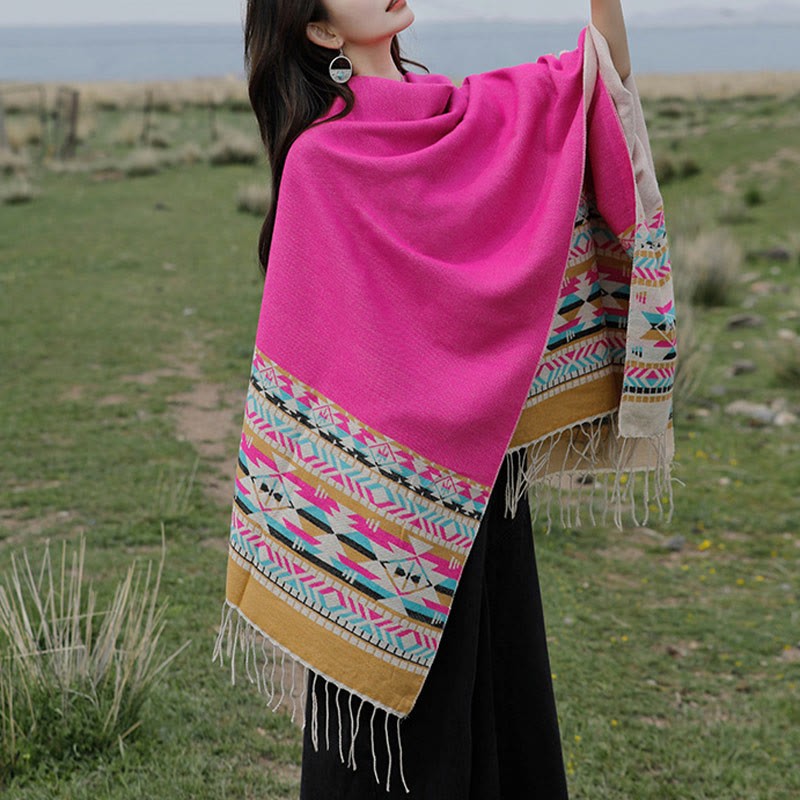 Tibetan Geometric Rhombus Pattern Tassels Shawl Fall Winter Warm Cozy Scarf Wrap