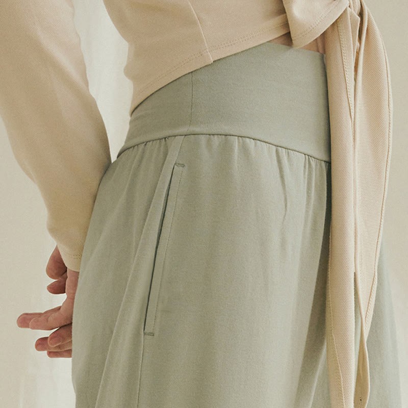 Casual Loose Tie-down Hem Plain High Waist Women's Leica Pants With Pockets