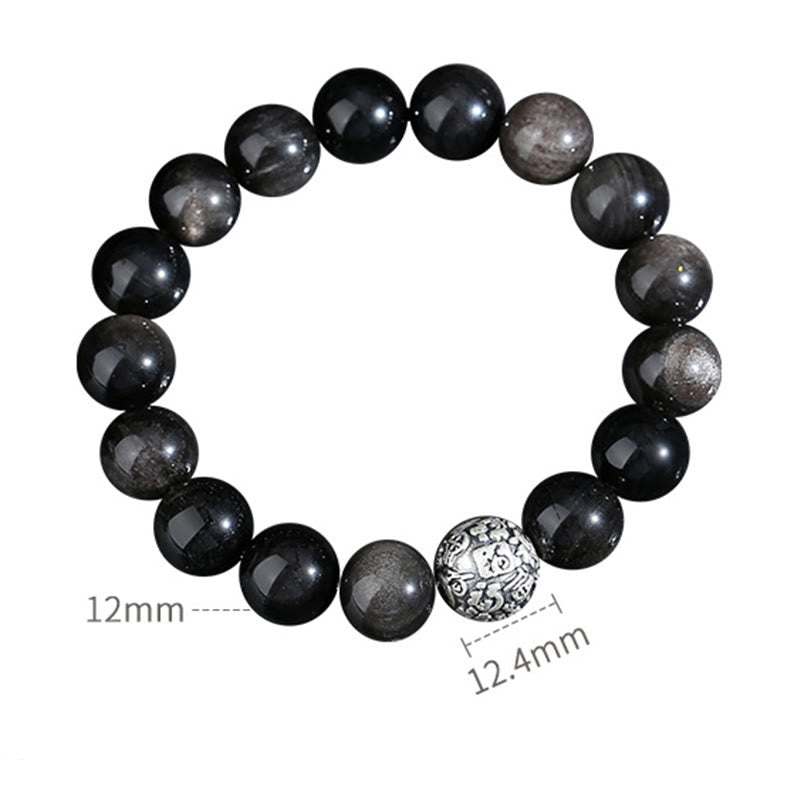 Black Obsidian 999 Sterling Silver Purification Fu Character Transformation Bracelet