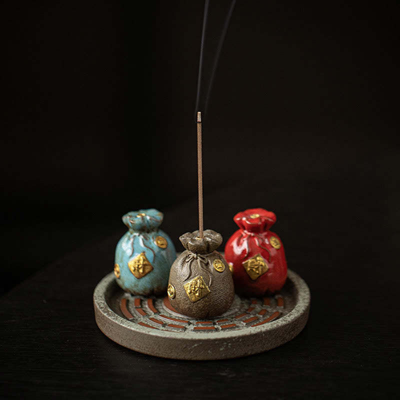 Small Treasure Bowl Lucky Bag Bagua Tray Healing Ceramic Stick Incense Burner Decoration