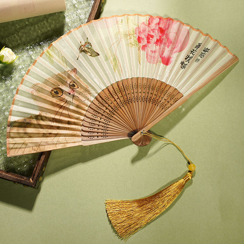 Cute Cat Butterfly Flowers Pattern Handheld Silk Bamboo Folding Fan 21cm