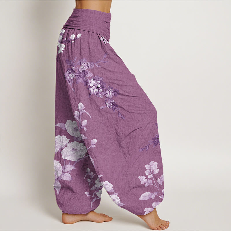 Blooming And Budding Flowers With Leaves Pattern Women's Elastic Waist Harem Pants