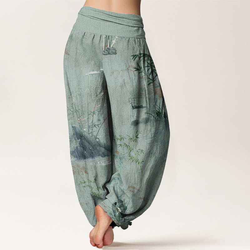 Casual Bamboo Rock Ink Painting Women's Elastic Waist Harem Pants