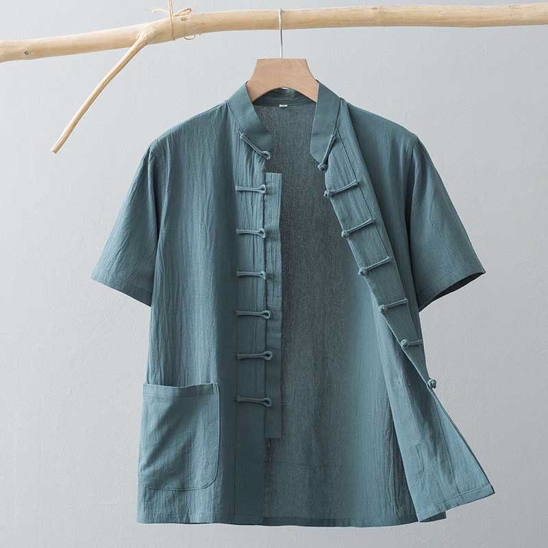 Chinese Frog-Button Tang Suit Men's Short Sleeve Shirt Cotton Linen Clothing With Pockets