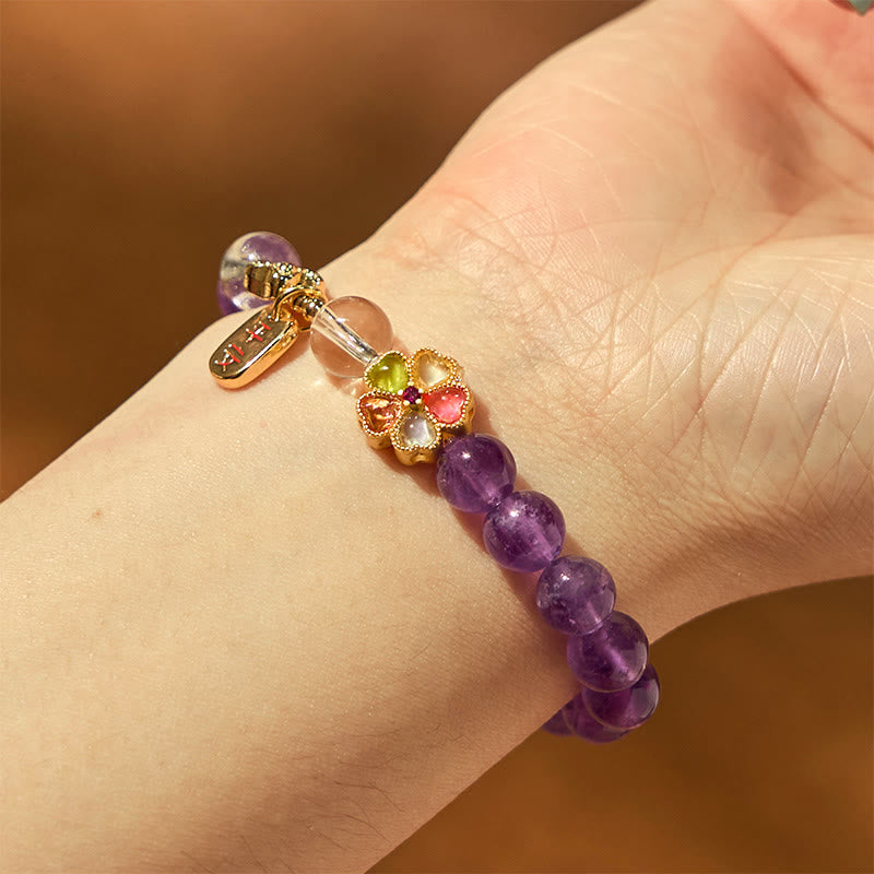 Natural Amethyst White Crystal Flower Healing Safe And Well Charm Bracelet