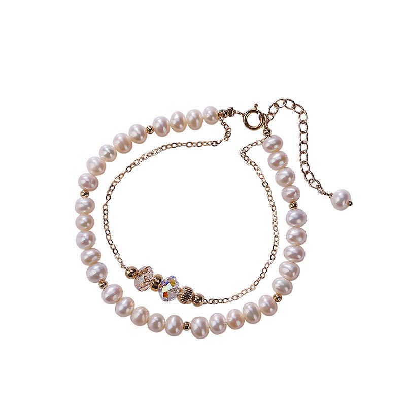 925 Sterling Silver 14K Gold Plated Natural Pearl Crystal Healing Double Layer Bracelet