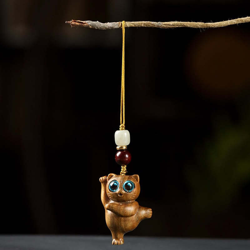 Green Sandalwood Thuja Sutchuenensis Dancing Cat Positive Key Chain Phone Hanging Decoration
