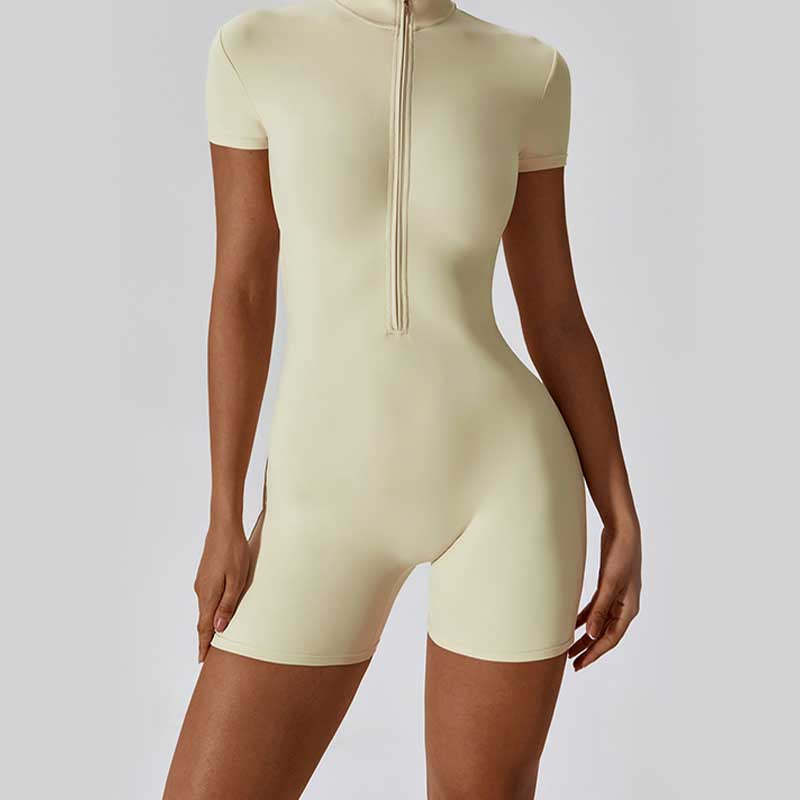 High Stretch Zipper Short Sleeve Jumpsuit Sports Fitness Yoga Women Bodysuit