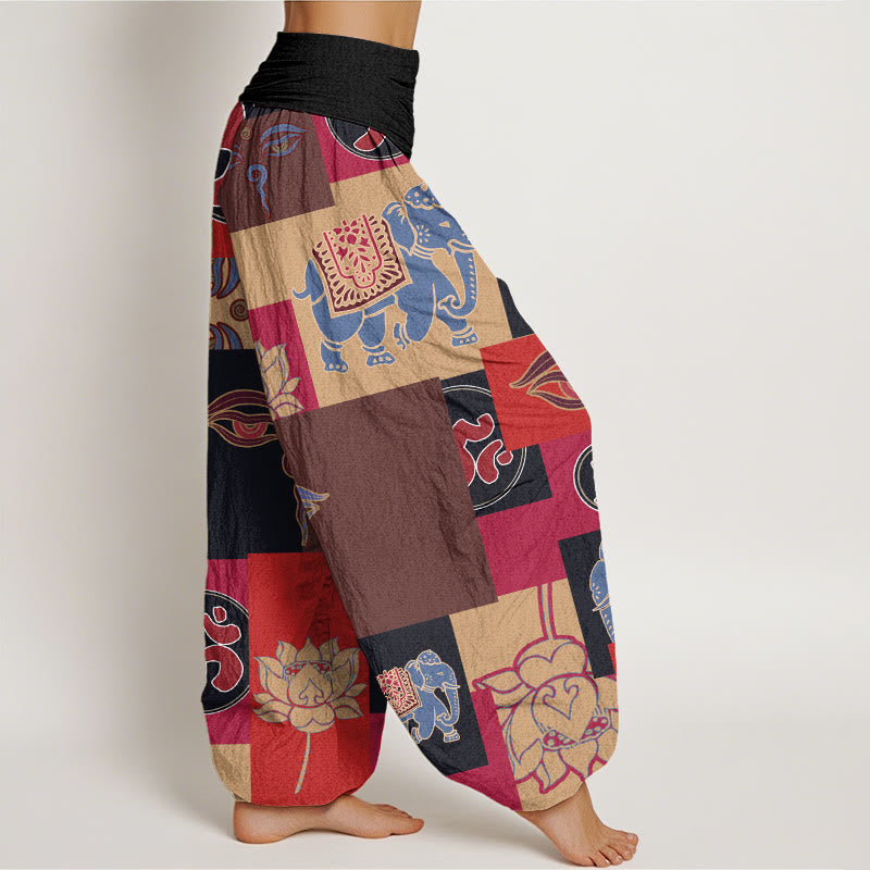 Casual Elephant Lotus mystic zen's Eye Collage Pattern Women's Elastic Waist Harem Pants