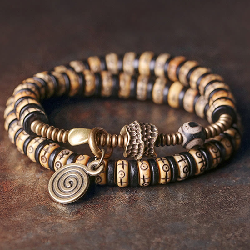 Yak Bone Ebony Wood Copper Brass Strength Double Wrap Bracelet