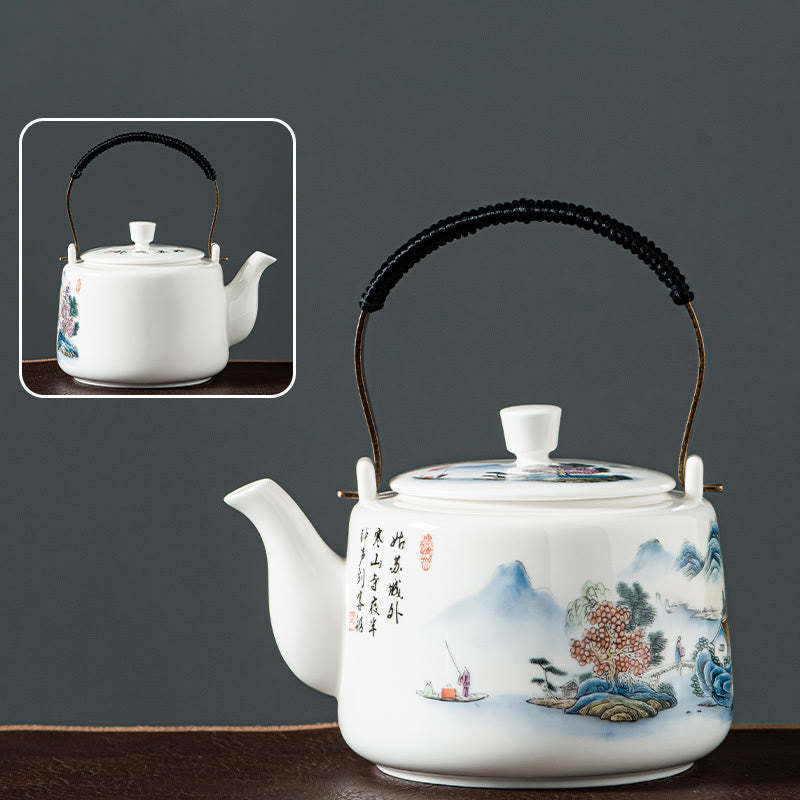 Vintage Dragon Mountain Fisherman Landscape White Porcelain Ceramic Kung Fu Teapot