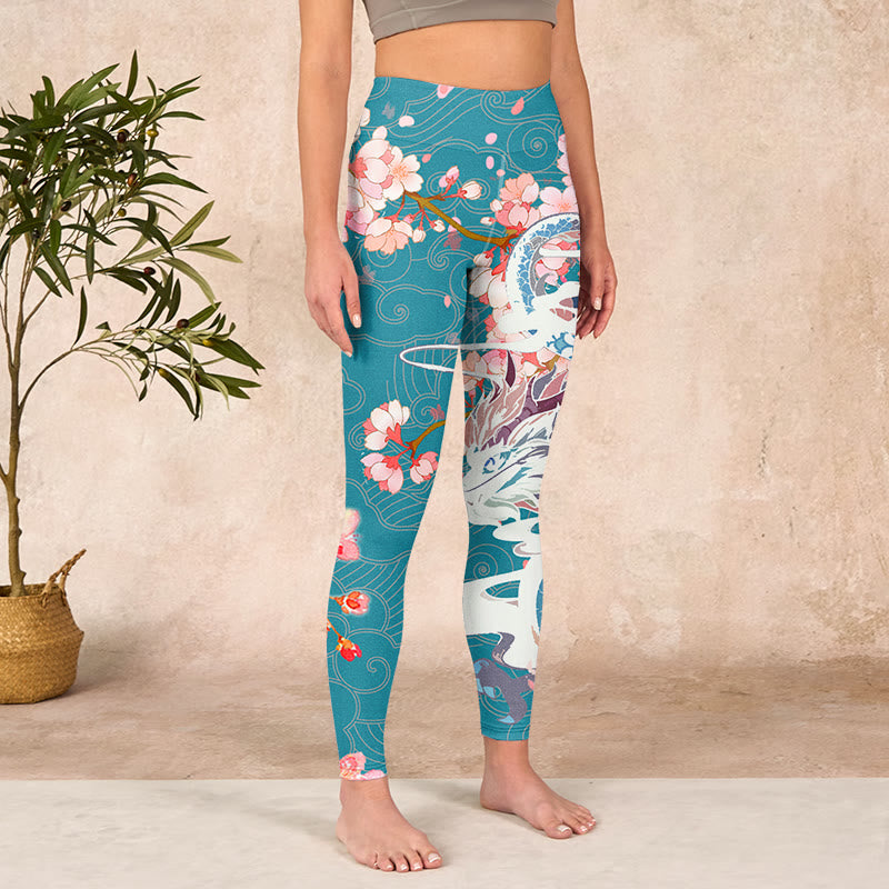 Dragon Cherry Blossoms Print Gym Leggings Women's Yoga Pants