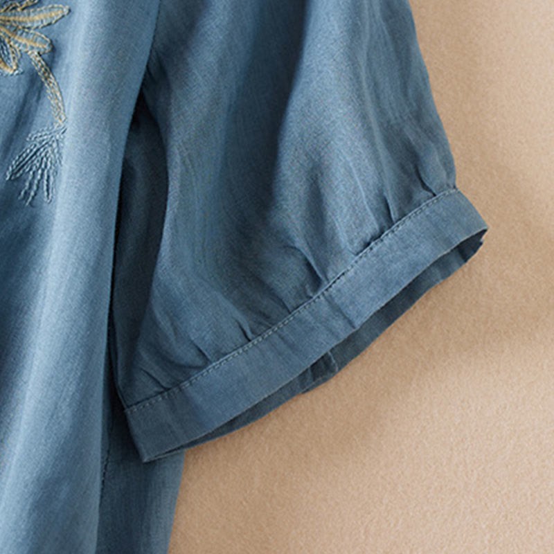 Casual Embroidery Plants Women's V-Neck Design Half Sleeve Cotton Blended Shirt
