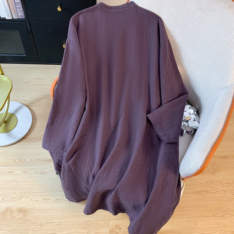 Casual Women's Plain Frog-Button Stand Collar Design Long Sleeve Cotton Linen Shirt With Pockets