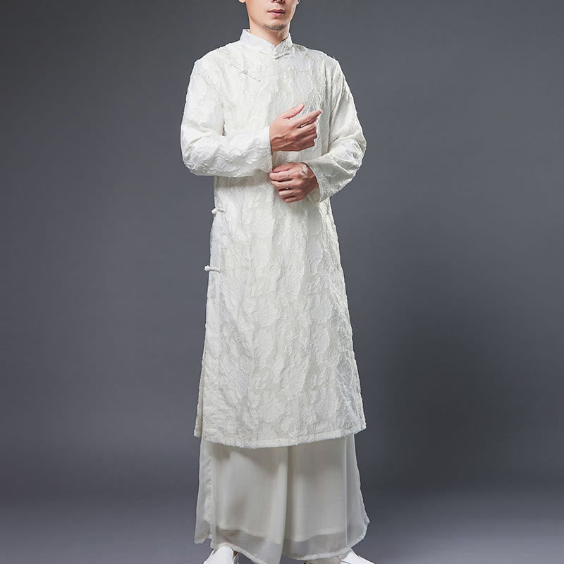 Fall Chinese Frog-Button Rose Peony Cotton Men's Tang Suit Robe