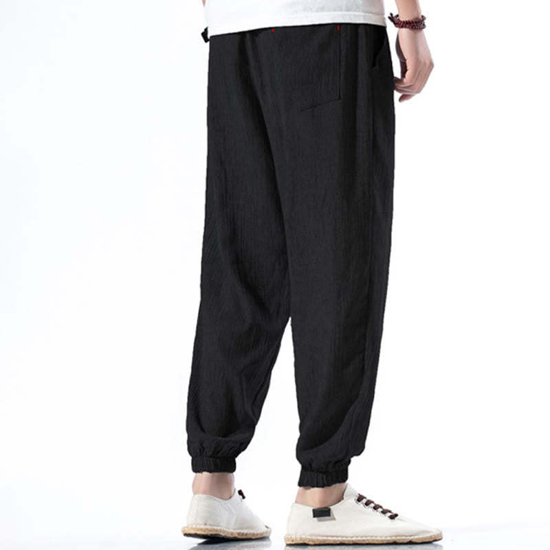 Casual Solid Color Drawstring Linen Men's Pants With Pockets