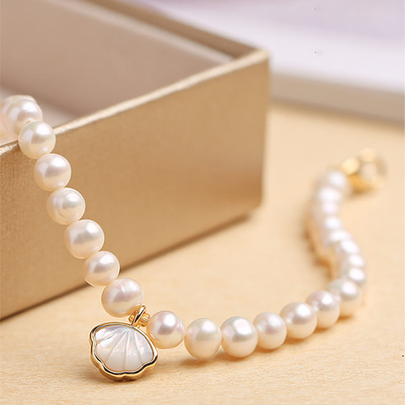 14K Gold Plated Natural Pearl Crystal Shell Charm Bead Bracelet