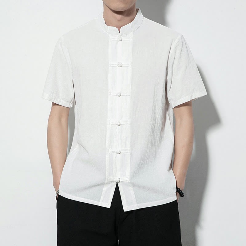 Casual Solid Color Front Frog Buttons Chinese Tang Suit Short Sleeve Linen Men's Shirt