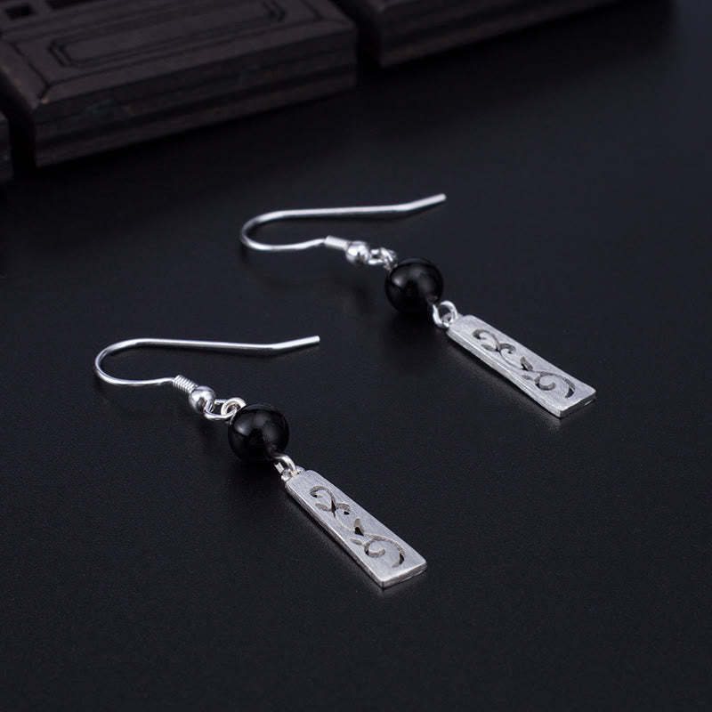 925 Sterling Silver Black Onyx Hollow Vine Protection Drop Earrings