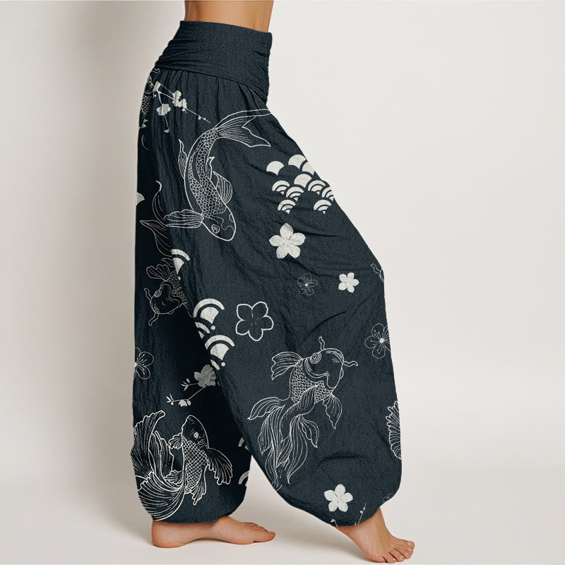 Koi Fish Waves Flowers Design Women's Elastic Waist Harem Pants