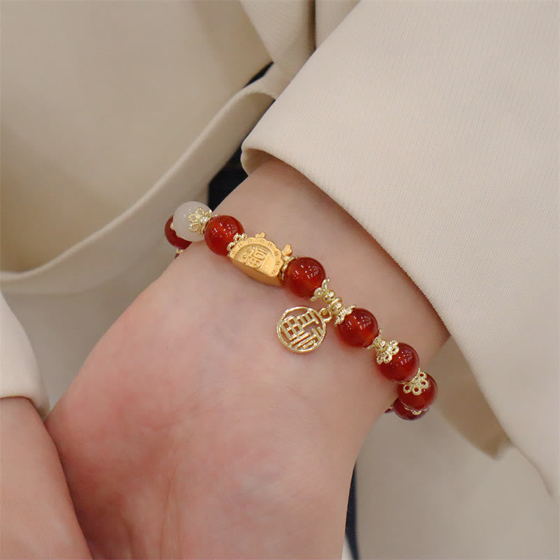 Year Of The Dragon Red Agate Strawberry Quartz Black Obsidian Jade Garnet Pearl Cinnabar Dumpling Dragon Luck Fu Character Bracelet