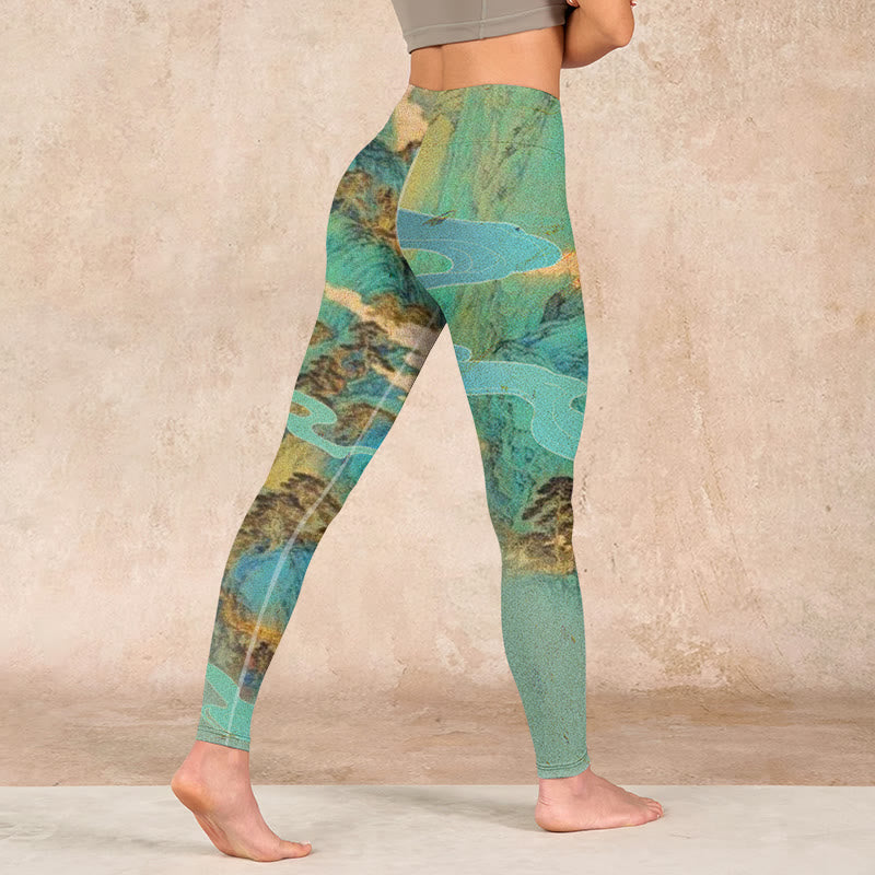 Chinese Style Green Mountains Landscape Print Lycra Fabric Fitness Leggings Women's Yoga Pants