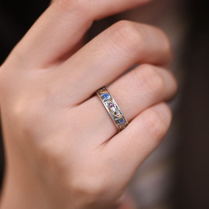 Colorful Elephant Carved Strength Adjustable Ring