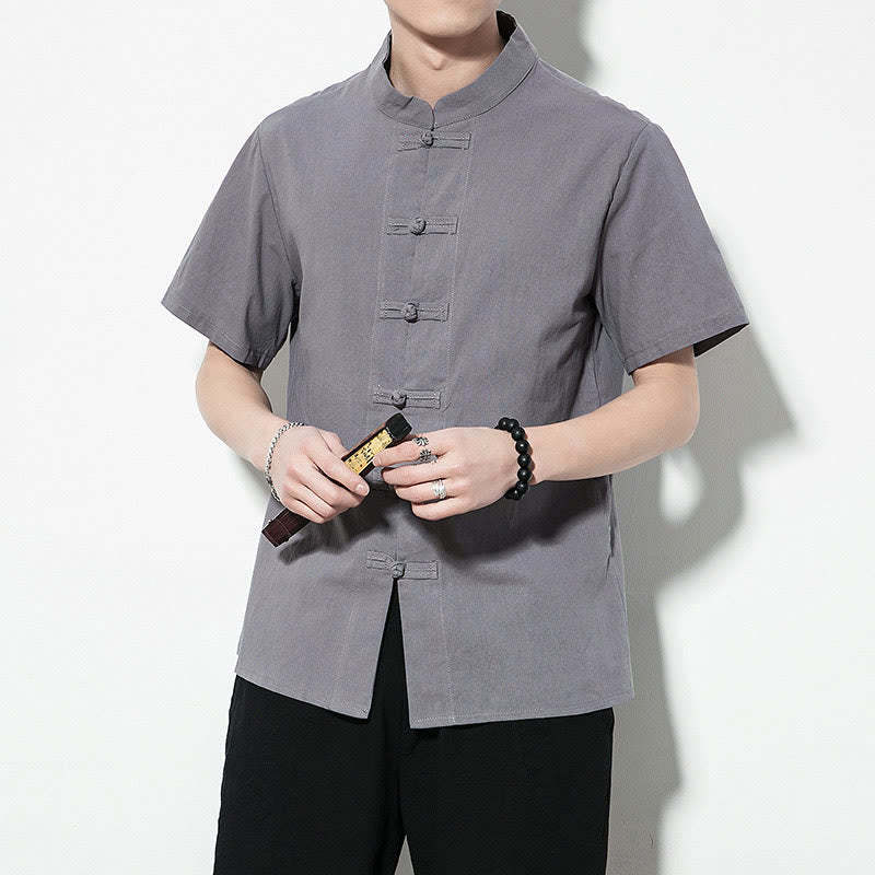 Casual Solid Color Front Frog Buttons Chinese Tang Suit Short Sleeve Linen Men's Shirt