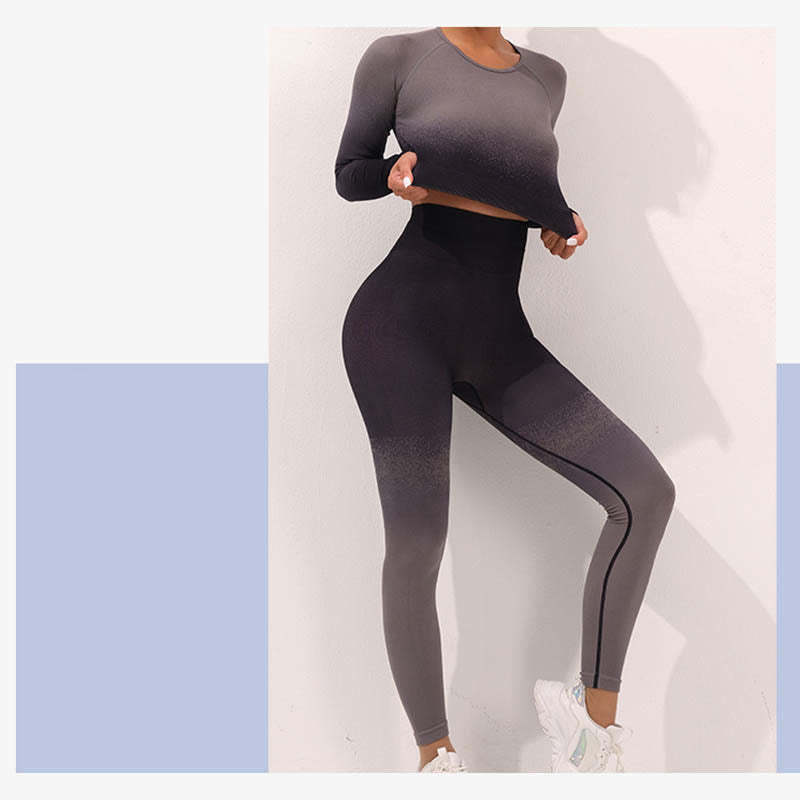 Gradient Long Sleeve Crop Top Tee Bra Leggings Pants Fitness Yoga Outfit